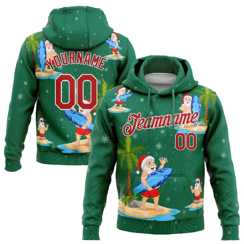 One Size Stitched Kelly Green Red-White 3D Tropical Christmas Surfing Santas Sports Pullover Sweatshirt Hoodie