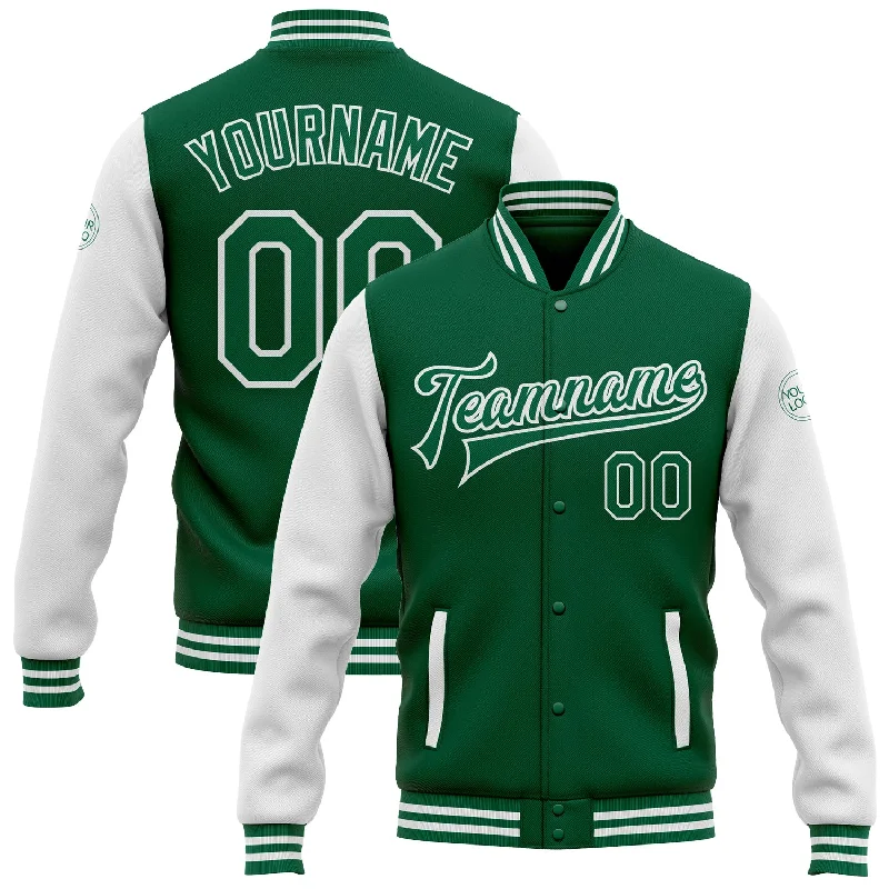 One Size Kelly Green White Bomber Full-Snap Varsity Letterman Two Tone Jacket