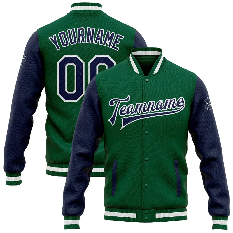 One Size Kelly Green Navy-White Bomber Full-Snap Varsity Letterman Two Tone Jacket