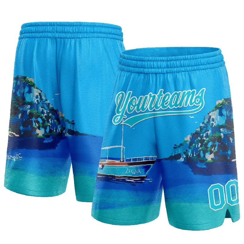 One Size Light Blue Lakes Blue-White 3D Pattern Hawaii Beach Island And Ship Authentic Basketball Shorts