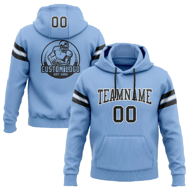 One Size Stitched Light Blue Black-White Football Pullover Sweatshirt Hoodie