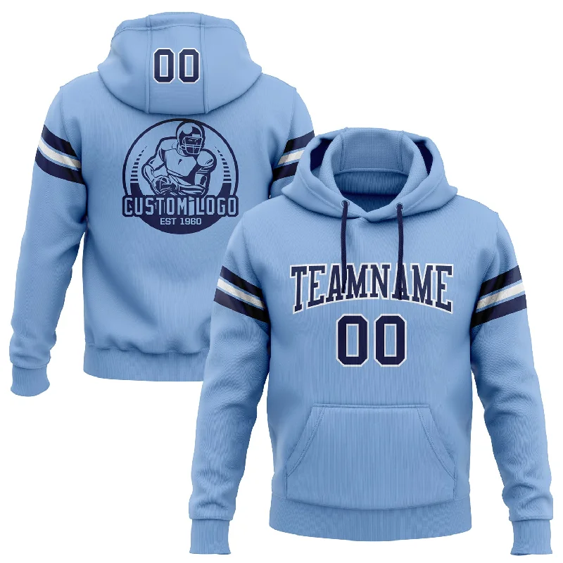 One Size Stitched Light Blue Navy-White Football Pullover Sweatshirt Hoodie