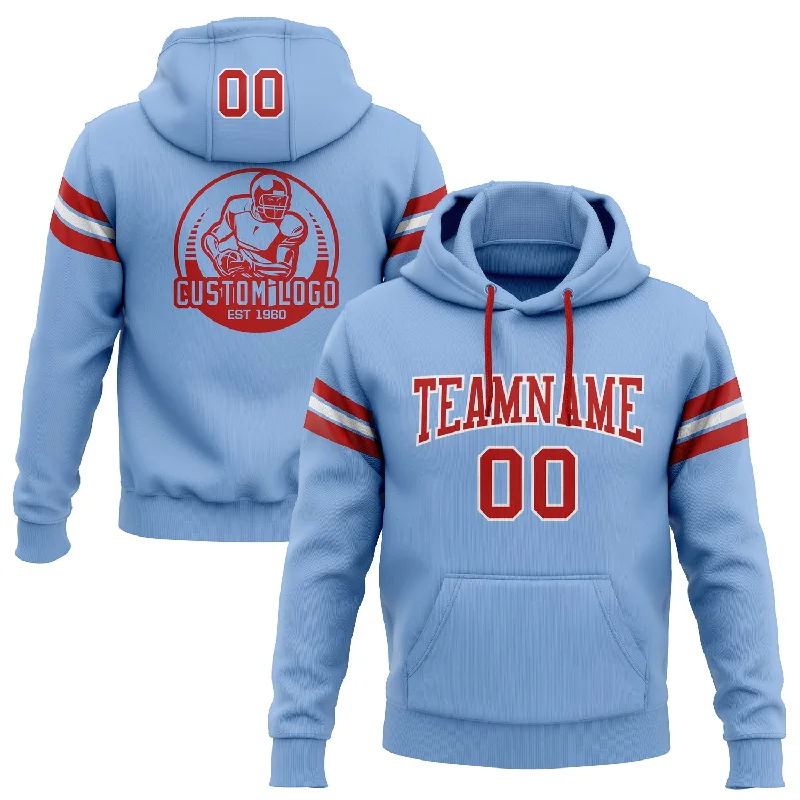 One Size Stitched Light Blue Red-White Football Pullover Sweatshirt Hoodie