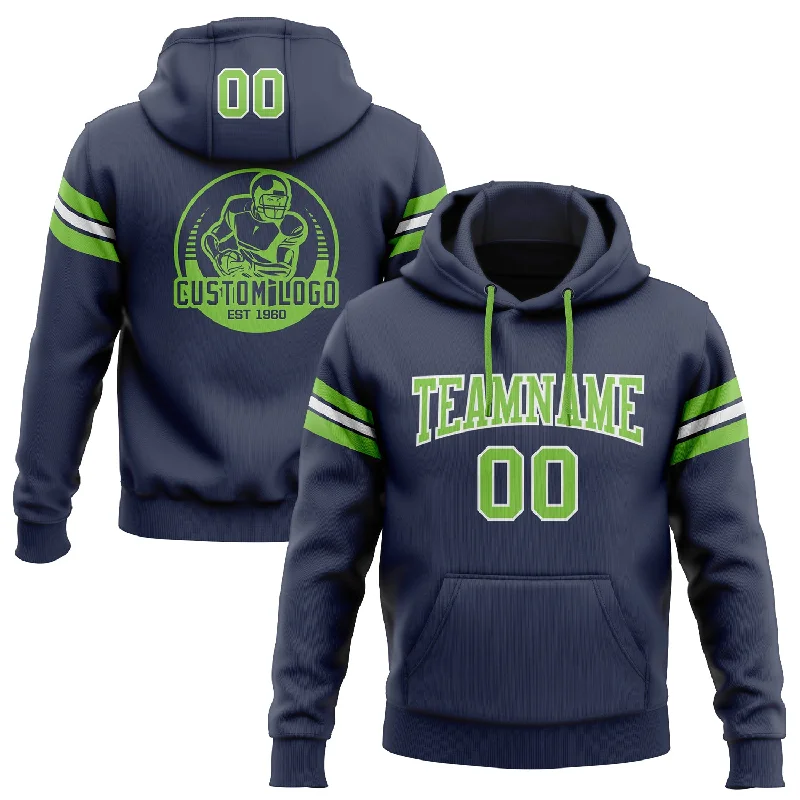 One Size Stitched Navy Neon Green-White Football Pullover Sweatshirt Hoodie