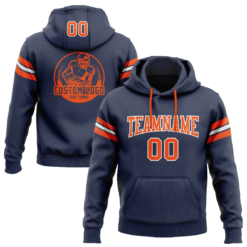 One Size Stitched Navy Orange-White Football Pullover Sweatshirt Hoodie