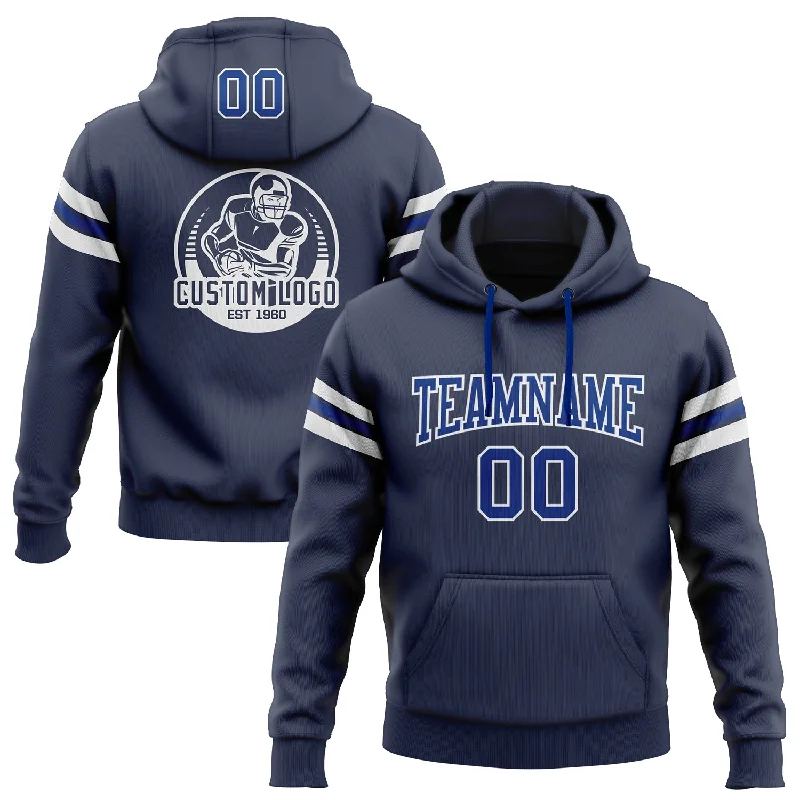 One Size Stitched Navy Royal-White Football Pullover Sweatshirt Hoodie