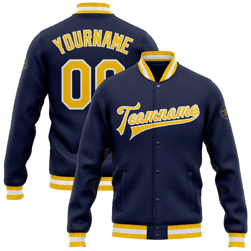 One Size Navy Gold-White Bomber Full-Snap Varsity Letterman Jacket