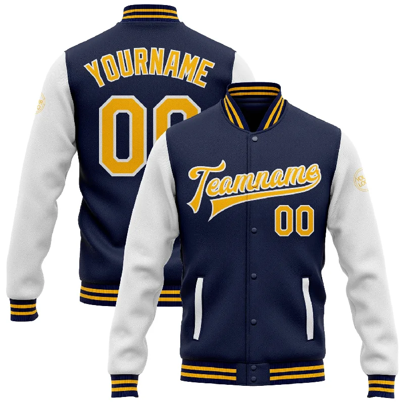 One Size Navy Gold-White Bomber Full-Snap Varsity Letterman Two Tone Jacket