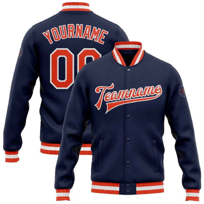 One Size Navy Orange-White Bomber Full-Snap Varsity Letterman Jacket