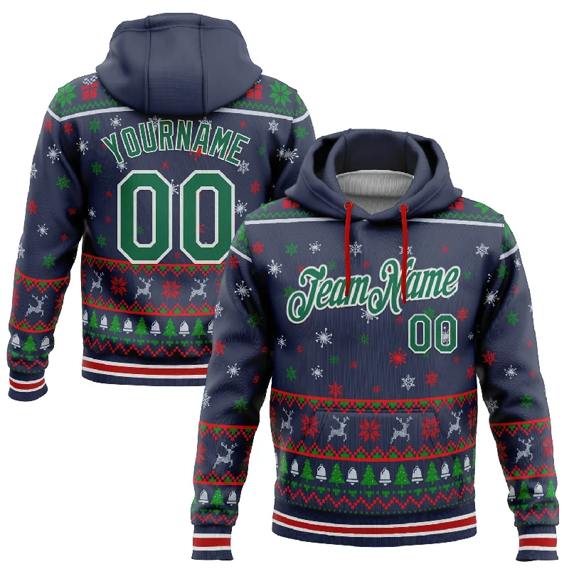 One Size Stitched Navy Kelly Green-White 3D Christmas Sports Pullover Sweatshirt Hoodie