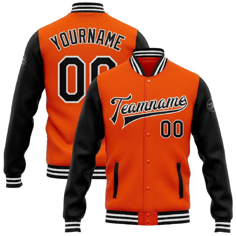 One Size Orange Black-White Bomber Full-Snap Varsity Letterman Two Tone Jacket