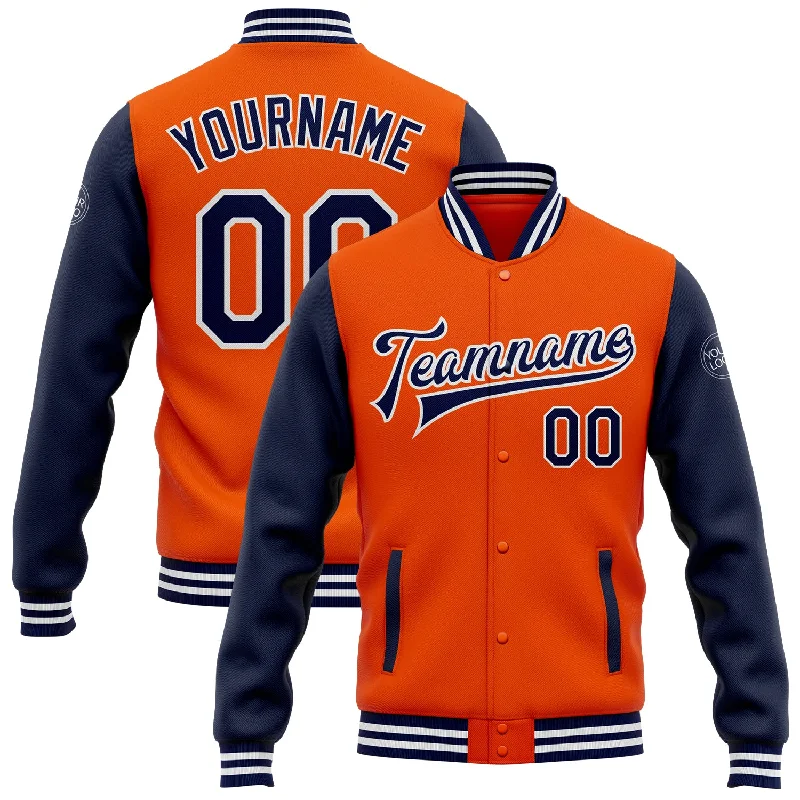 One Size Orange Navy-White Bomber Full-Snap Varsity Letterman Two Tone Jacket