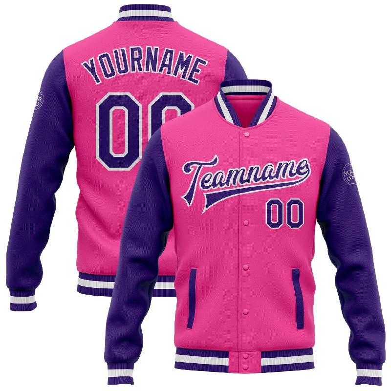 One Size Pink Purple-White Bomber Full-Snap Varsity Letterman Two Tone Jacket