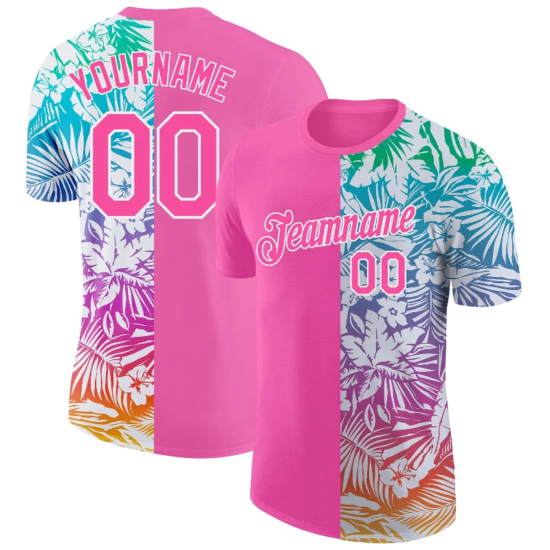 One Size Pink White 3D Pattern Design Tropical Palm Leaves Performance T-Shirt