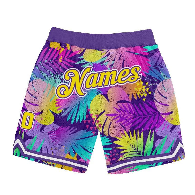 One Size Purple Gold-White 3D Pattern Design Tropical Palm Leaves Authentic Basketball Shorts