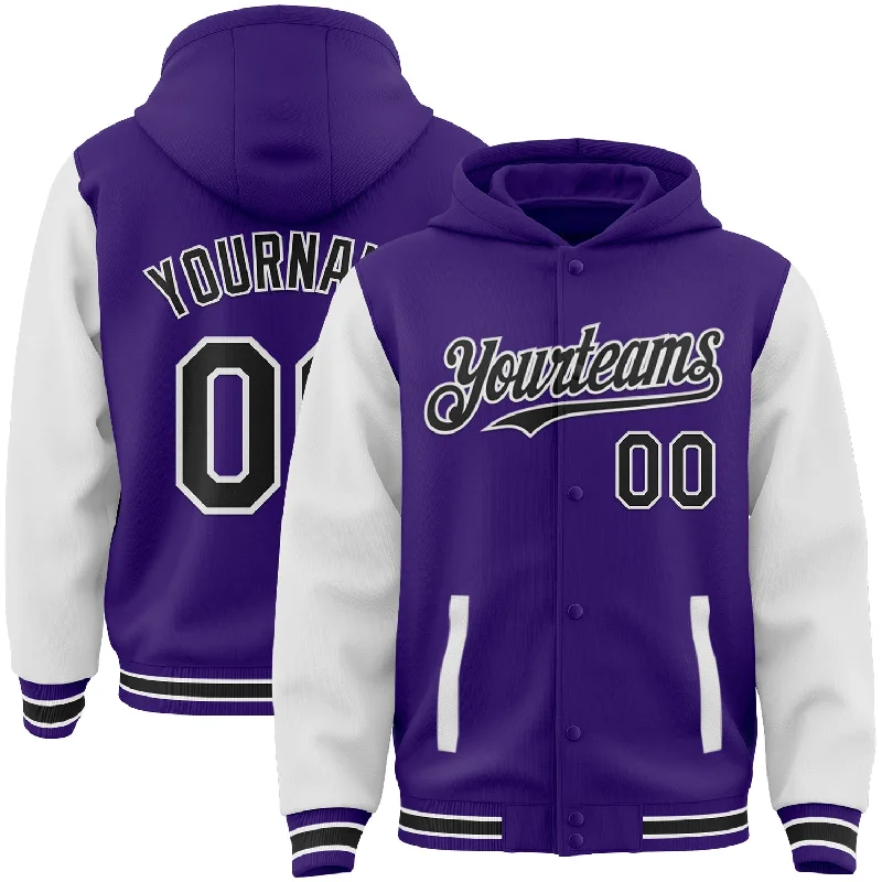 One Size Purple Black-White Bomber Full-Snap Varsity Letterman Two Tone Hoodie Jacket