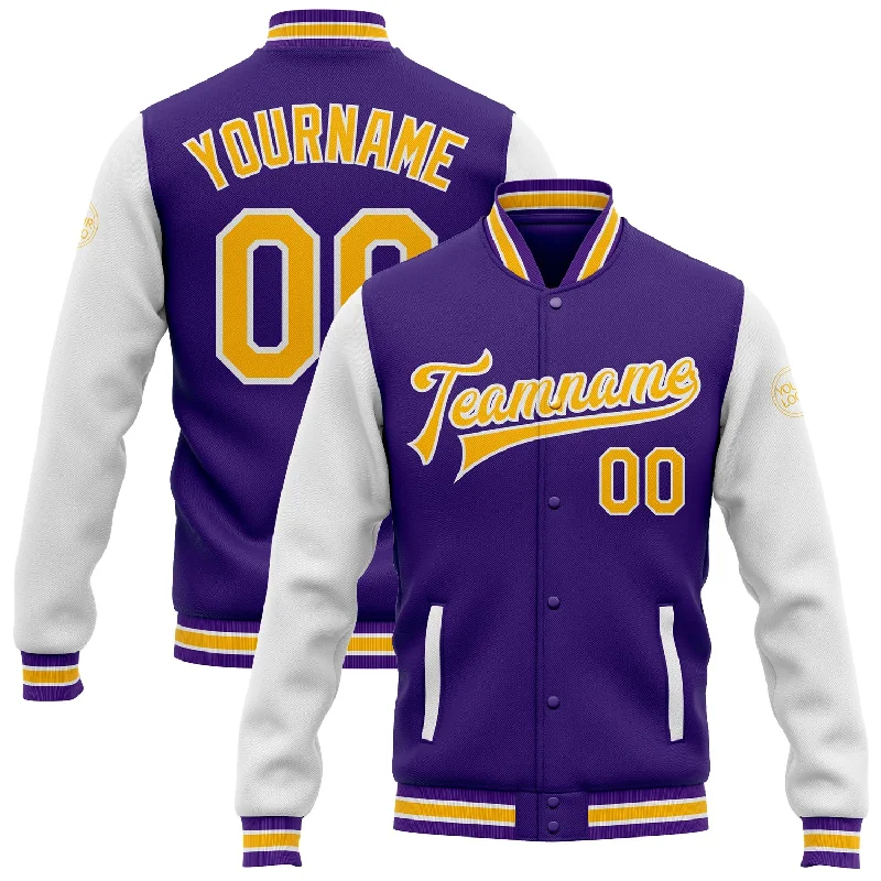 One Size Purple Gold-White Bomber Full-Snap Varsity Letterman Two Tone Jacket