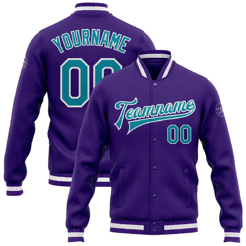 One Size Purple Teal-White Bomber Full-Snap Varsity Letterman Jacket