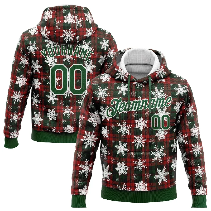 One Size Stitched Red Green-White 3D Christmas Plaid And Snow Sports Pullover Sweatshirt Hoodie