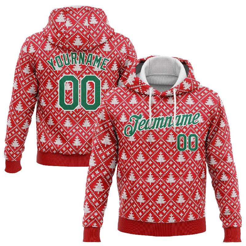 One Size Stitched Red Kelly Green-White 3D Christmas Trees Sports Pullover Sweatshirt Hoodie