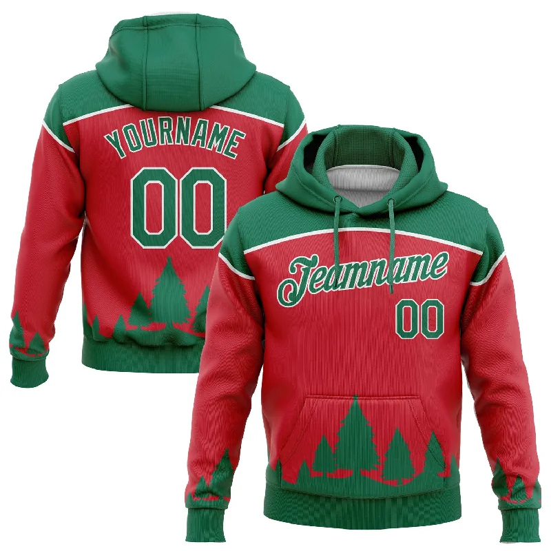 One Size Stitched Red Kelly Green-White 3D Christmas Trees Sports Pullover Sweatshirt Hoodie