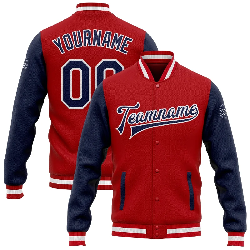 One Size Red Navy-White Bomber Full-Snap Varsity Letterman Two Tone Jacket