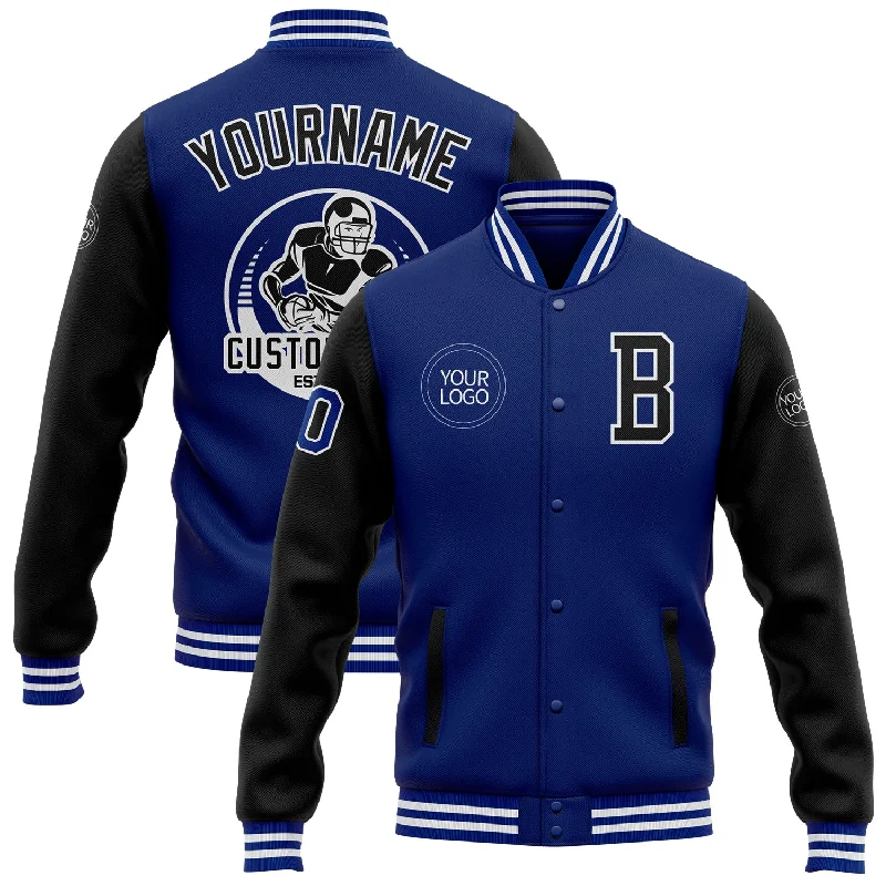 One Size Royal Black-White Bomber Full-Snap Varsity Letterman Two Tone Jacket