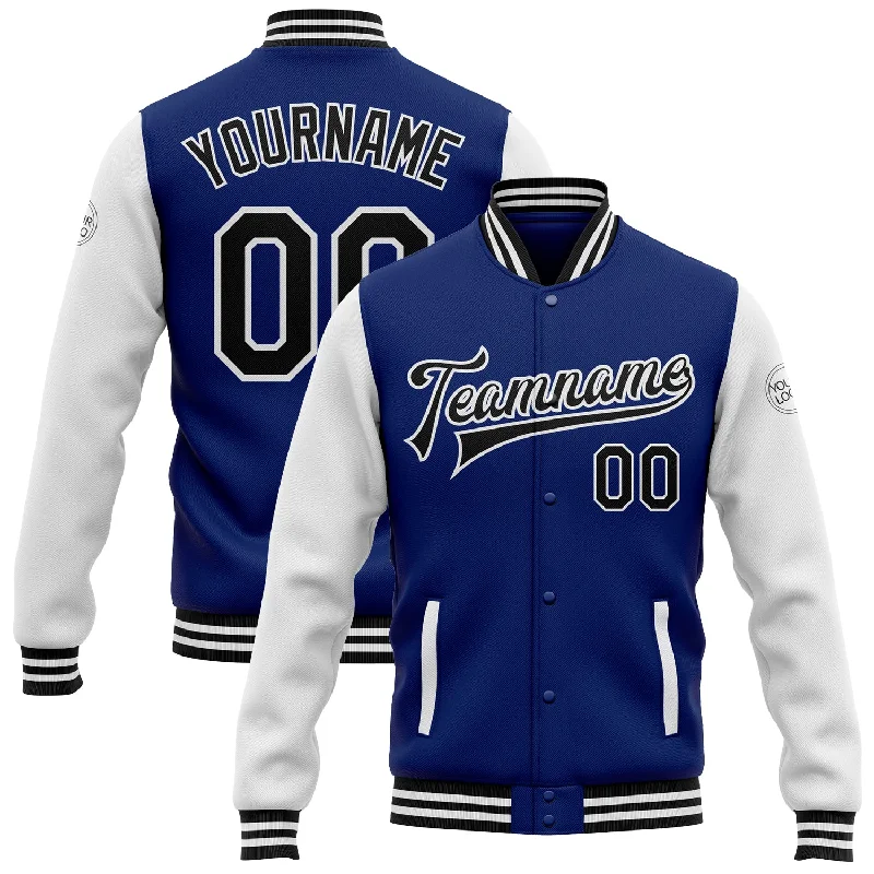 One Size Royal Black-White Bomber Full-Snap Varsity Letterman Two Tone Jacket