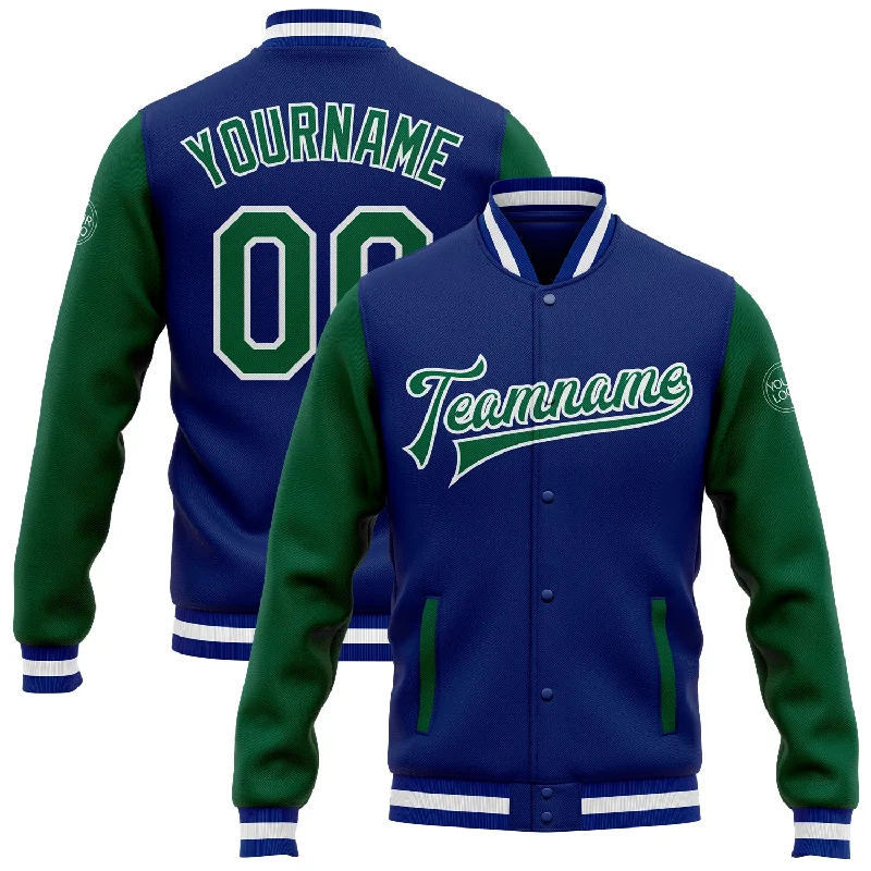 One Size Royal Kelly Green-White Bomber Full-Snap Varsity Letterman Two Tone Jacket