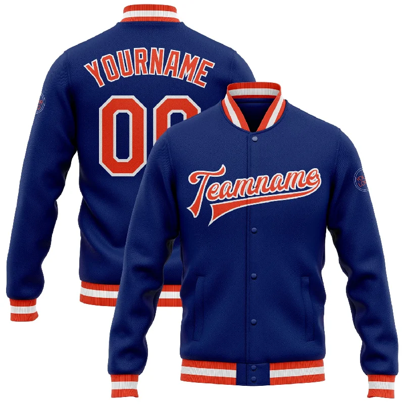 One Size Royal Orange-White Bomber Full-Snap Varsity Letterman Jacket