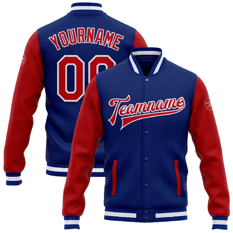 One Size Royal Red-White Bomber Full-Snap Varsity Letterman Two Tone Jacket