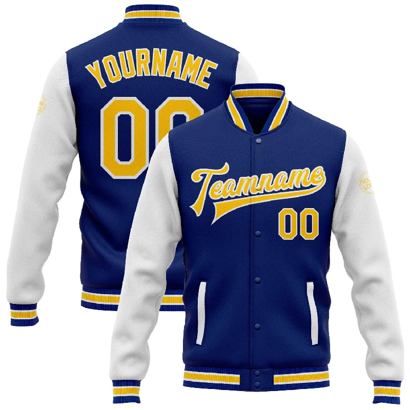 One Size Royal Yellow-White Bomber Full-Snap Varsity Letterman Two Tone Jacket