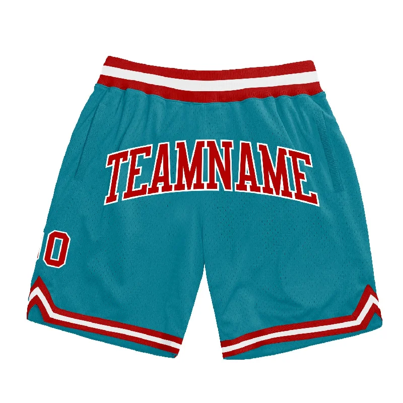 One Size Teal Red-White Authentic Throwback Basketball Shorts