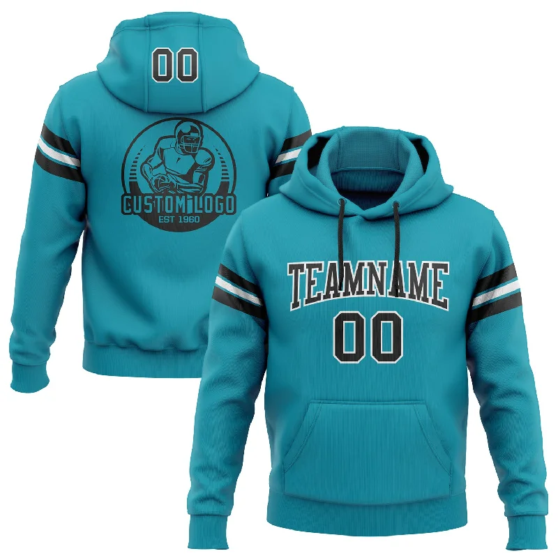 One Size Stitched Teal Black-White Football Pullover Sweatshirt Hoodie