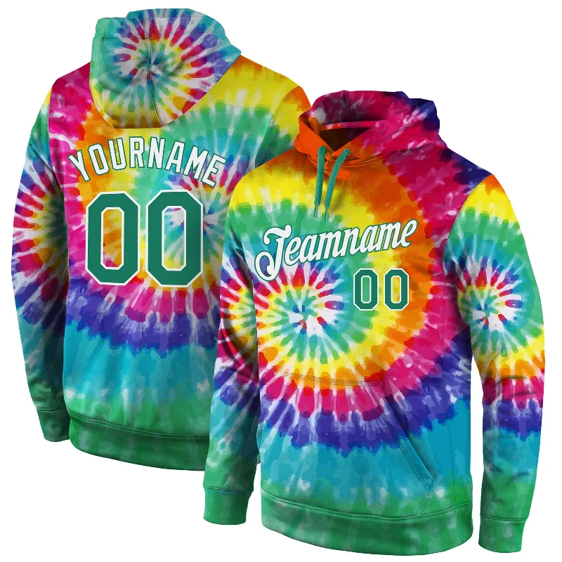 One Size Stitched Tie Dye Kelly Green-White 3D Pattern Design Sports Pullover Sweatshirt Hoodie