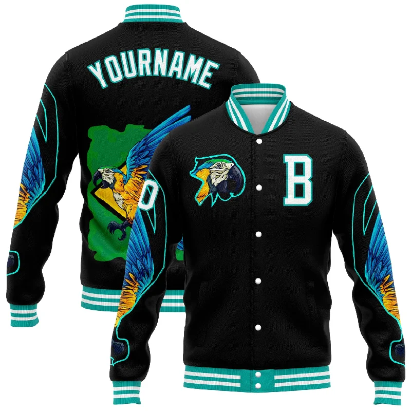 One Size Black White-Aqua Parrot 3D Pattern Design Bomber Full-Snap Varsity Letterman Jacket