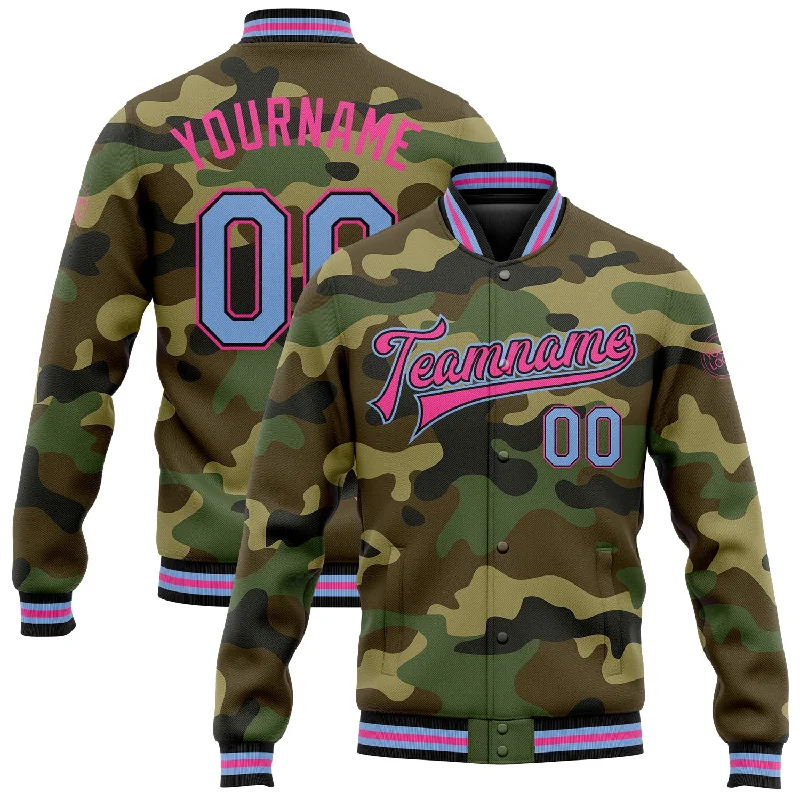 One Size Camo Light Blue Black-Pink Bomber Full-Snap Varsity Letterman Salute To Service Jacket