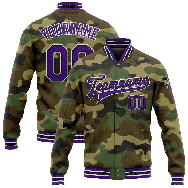 One Size Camo Purple-Black Bomber Full-Snap Varsity Letterman Salute To Service Jacket