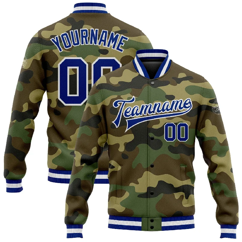 One Size Camo Royal-White Bomber Full-Snap Varsity Letterman Salute To Service Jacket