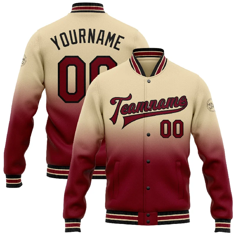 One Size City Cream Crimson-Black Bomber Full-Snap Varsity Letterman Fade Fashion Jacket