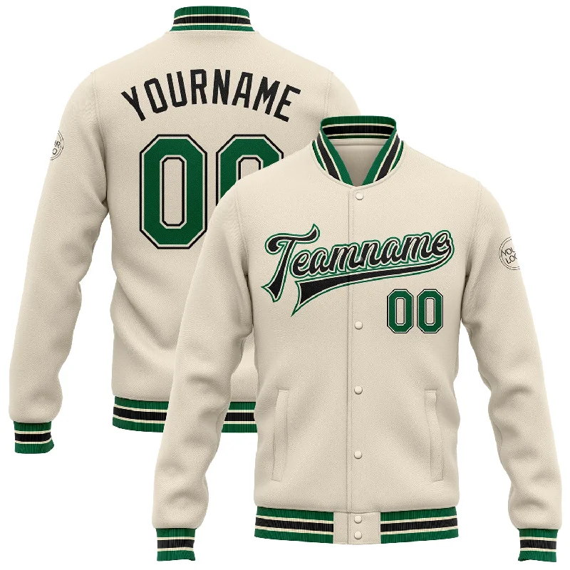 One Size Cream Kelly Green-Black Bomber Full-Snap Varsity Letterman Jacket