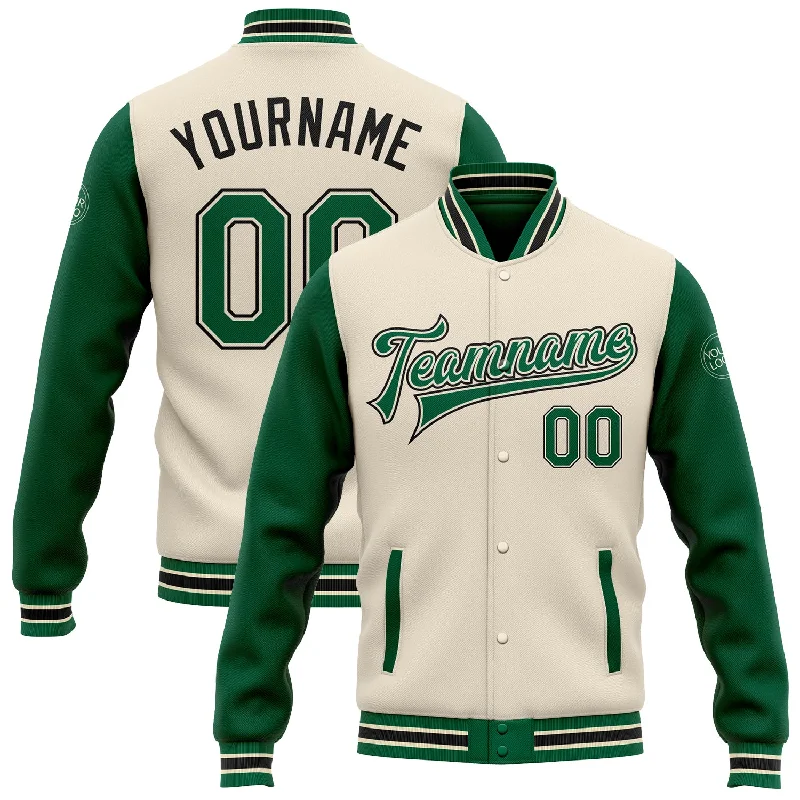 One Size Cream Kelly Green-Black Bomber Full-Snap Varsity Letterman Two Tone Jacket