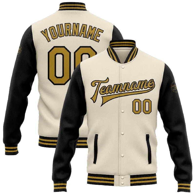 One Size Cream Old Gold-Black Bomber Full-Snap Varsity Letterman Two Tone Jacket