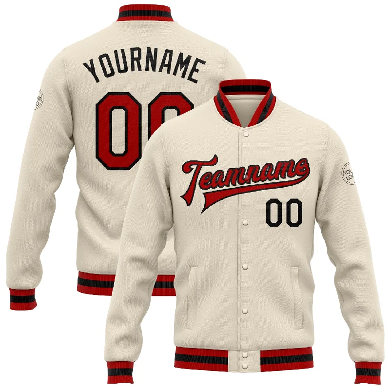 One Size Cream Red-Black Bomber Full-Snap Varsity Letterman Jacket