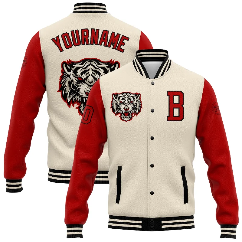 One Size Cream Red-Black 3D Pattern Design Bomber Full-Snap Varsity Letterman Jacket