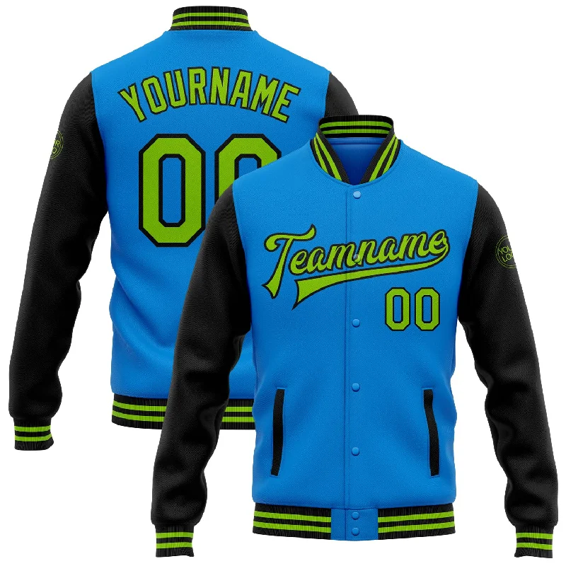 One Size Powder Blue Neon Green-Black Bomber Full-Snap Varsity Letterman Two Tone Jacket