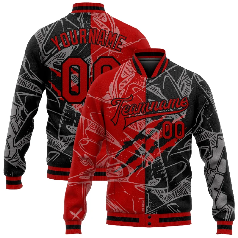 One Size Graffiti Pattern Red-Black Scratch 3D Bomber Full-Snap Varsity Letterman Jacket