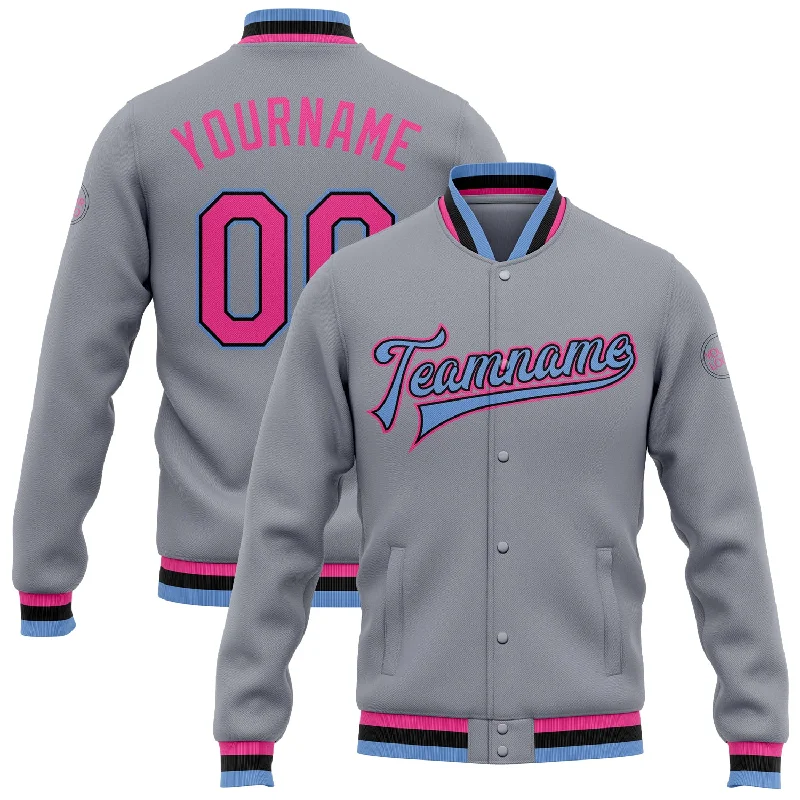 One Size Gray Pink Black-Light Blue Bomber Full-Snap Varsity Letterman Jacket