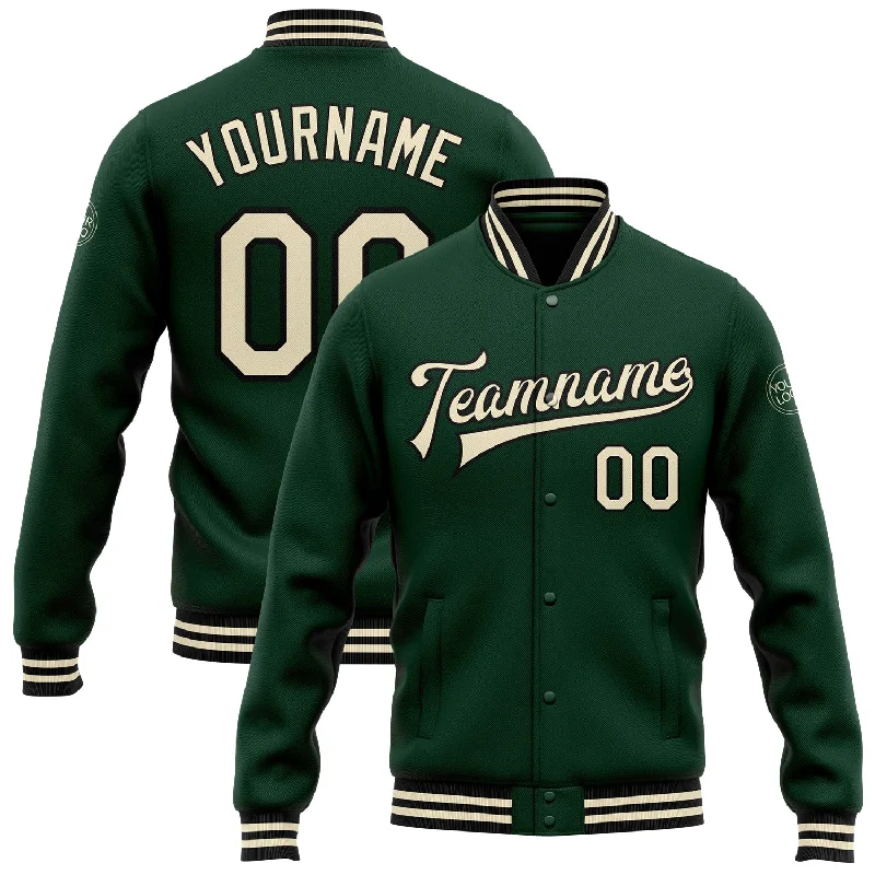 One Size Green Cream-Black Bomber Full-Snap Varsity Letterman Jacket