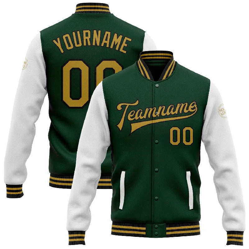 One Size Green Old Gold-Black Bomber Full-Snap Varsity Letterman Two Tone Jacket